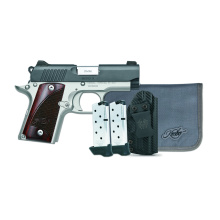 Micro 9 RTC, 1911, Semi-automatic, 9MM, Metal Frame Pistol, 3.15" Barrel, Satin Finish, Two Tone, Black Slide with Silver Body, Rosewood Grips, White Dot Sights, Thumb Safety, 7 Rounds, 2 Magazines, Includes Tactical Qualifier Ambidextrous Holster 330025