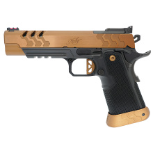 2K11 Target, Semi-automatic, Single Action Only, Full Size, Steel Frame Pistol, 9MM, 5" Barrel, DLC Finish, Black Frame, Coyote PVD Slide, Aluminum Grips, 10 Rounds, 2 Magazines, Includes Magwell, California Compliant 350053CA