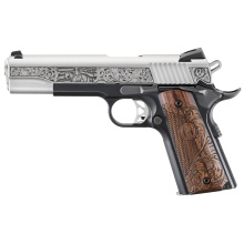 SR1911, 1911, Semi-automatic, Metal Frame Pistol, Full Size, 45 ACP, 5" Barrel, Low-Glare Stainless Finish, Custom Engraved Slide, Custom Engraved Hardwood Grips, Drift Adjustable Novak 3 Dot Sights, 9 Rounds, 2 Stainless Steel Magazines 16706