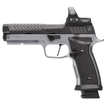 P320 MAX SXG 9MM, 5" Bull Barrel, Black Nitron Finished Slide, Silver Metal Frame, Romeo3 Max 6MOA Pro Optic, Pro Optic Footprint, Hogue Aluminum Recreation Grips, Flared Magwell, 21 Rounds, 4 Mags, Semi-automatic, Striker Fired, Full Size