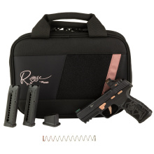 P322 ROSE, Semi-automatic, Single Action Only, Polymer Frame Pistol, Compact, 22 LR, 4" Threaded Barrel with 1/2x28 Adapter, Matte Finish, Black with Rose Gold Accents, Polymer Grip, Fiber Optic Sights, ROMEO-RS ROSE Optic, Manual Safety, 20 Rounds, 3 Ma
