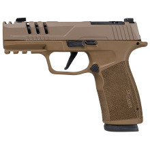 P365, XMacro, Striker Fired, Semi-automatic, Polymer Framed Pistol, Sub-Compact, 9MM, 3.1" Barrel, Sand Cerakote Finish, XRAY3 Day/Night Sights, Optic Ready, 17 Rounds, 2 Magazines, Compensated, Cut Slide 365XCA-9-COMP