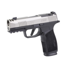 P365-XMACRO Comp, Semi-automatic, Striker Fired, Polymer Frame Pistol, Compact, 9MM, 3.1" Integrally Compensated Barrel, Nitron Finish, Silver Slide, Black Frame, Macro-Compact Grip Module with 1913 Rail, XRAY3 Day/Night Sights, Optic Ready, Shield RMSc
