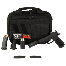 P365 XMacro Hush Puppy, Semi-automatic, Striker Fired, Polymer Frame Pistol, 4.3" Threaded Barrel, 1/2X28 Thread Pitch, Cerakote Finish, Black, Suppressor Height Sights, Holosun 407K Red Dot, 17 Rounds, Includes Compact Hush Puppy Project Model 2 Suppres