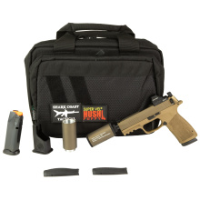 P365 XMacro Hush Puppy, Semi-automatic, Striker Fired, Polymer Frame Pistol, 4.3" Threaded Barrel, 1/2X28 Thread Pitch, Cerakote Finish, Flat Dark Earth, Suppressor Height Sights, Holosun 407K Red Dot, 17 Rounds, Includes Compact Hush Puppy Project Model