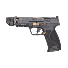 M&P9 M2.0 Talo, Striker Fired, Semi-automatic, Polymer Frame Pistol, Full Size, 9MM, 4.869" Threaded Barrel, 1/2X28 Thread Pitch, Armornite Finish, Black, Copper PVD Barrel and Accents, Front Night Sight, Optics Ready Slide, Strike Industries Compensator