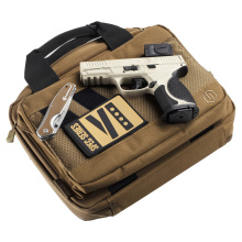 M&P M2.0 Metal Compact, Spec Series VI, Semi-automatic, Striker Fired, Aluminum Frame Pistol, Compact, 9MM, 4" Barrel, Cerakote Finish, Champagne, Aimpoint ACRO P-2 Optic, Inline Ported Slide, Floyds Custome Shop EDC Magwell and Baseplates, Adjustable Si