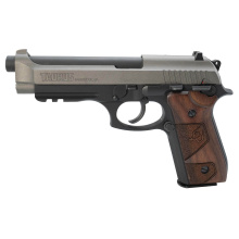PT92, Double/Single Action, Semi-automatic, Metal Frame Pistol, Compact, 9MM, 5" Barrel, Matte Finish, Black, Wood Grips, Fixed Sights, orange Dot Front Sight, Manual Thumb Safety, 17 Rounds, 2 Magazines 1-92015C1-HW2