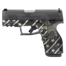 GX2, Striker Fired, Single Action Only, Polymer Frame Pistol, Compact, 9MM, 3.38" Barrel. Matte Finish, Black and White, Custom Eagle Engraving on Grip, Manual Safety, White Dot Front and Drift Adjustable Rear Sights, 10 Rounds, 2 Magazines 1-GX2931-10EN
